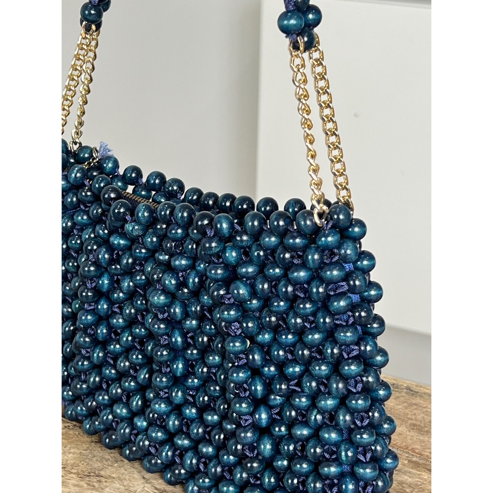 Vintage Walborg Teal Blue Wood Beaded Handbag Gold Chain Strap Made in Japan